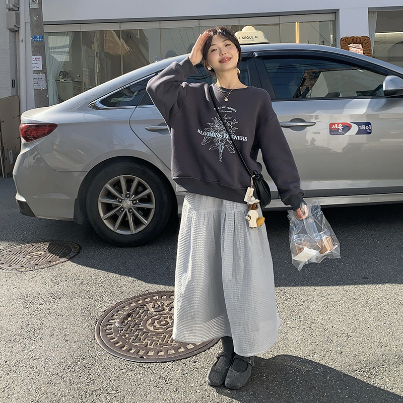 灰色泡泡棉半身裙女加绒褶皱大摆