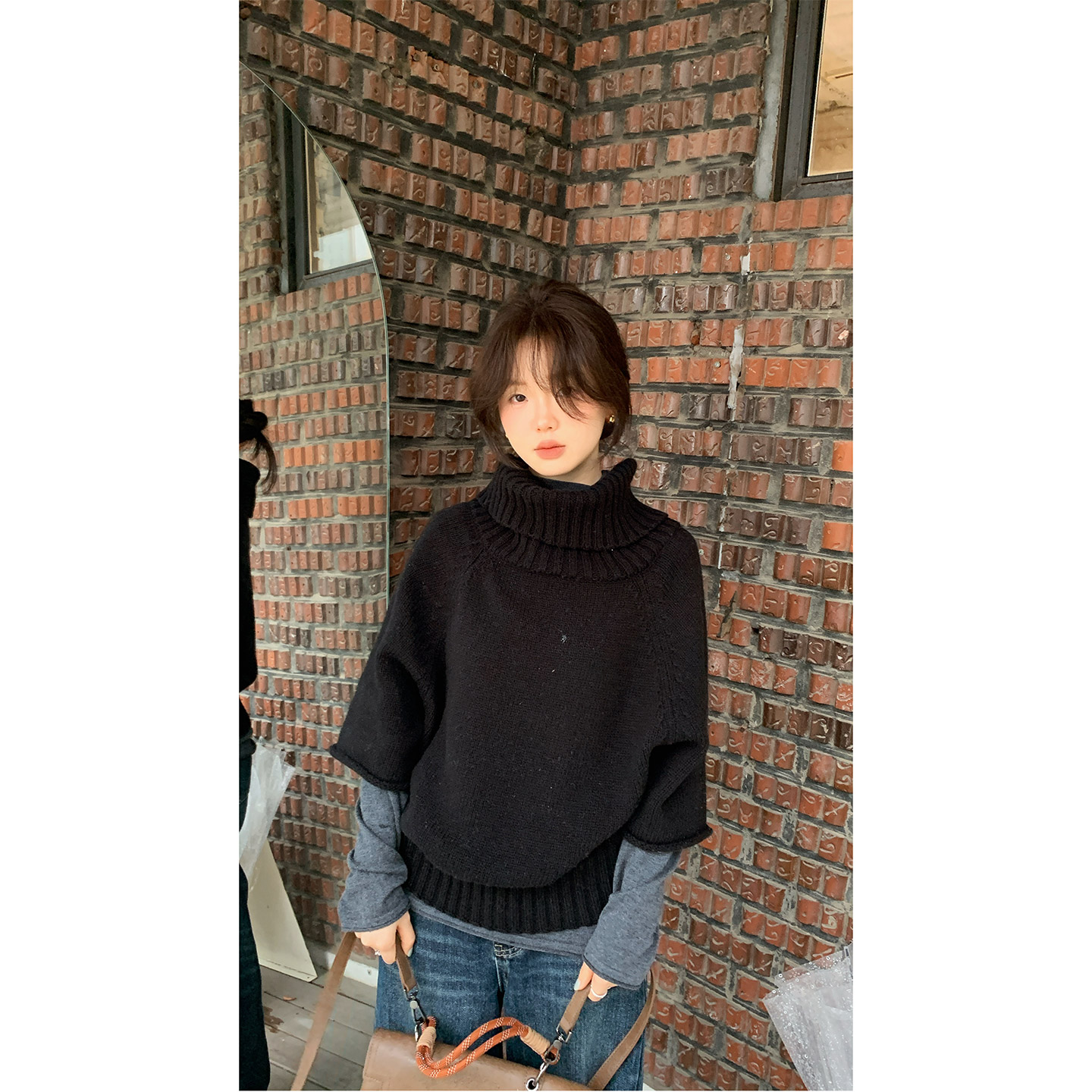 叠穿高领斗篷半袖羊毛毛衣女秋冬