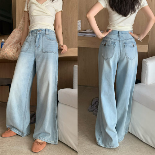 夏日复古浅蓝牛仔裤女长裤直筒