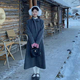 一三良品小个子 海瑟薇 气质蝴蝶结飘带收腰双面呢大衣女外套长款