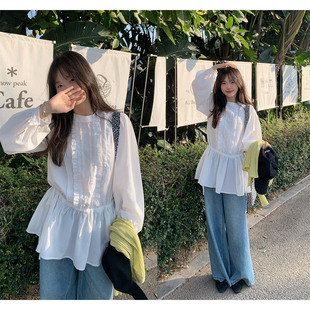 衬衫 连衣裙上衣女春新 温柔风白色收腰木耳边长袖 一三良品小个子
