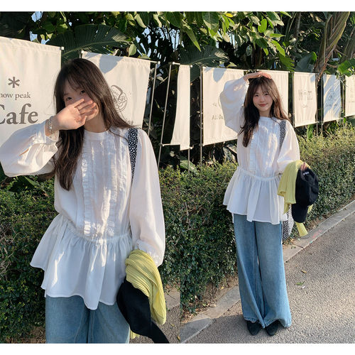 温柔风白色收腰木耳边长袖衬衫女