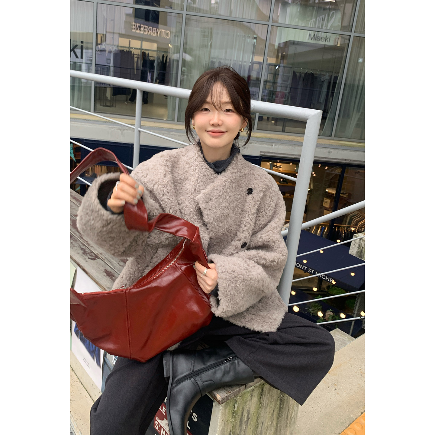 一三良品小个子 暖灰调全羊毛韩系宽松羊羔毛外套女冬毛茸茸保暖