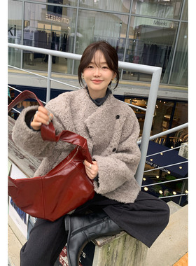 一三良品小个子 暖灰调全羊毛韩系宽松羊羔毛外套女冬毛茸茸保暖