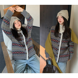 一三良品小个子 复古费尔岛提花蕾丝边针织毛衣开衫外套女冬宽松