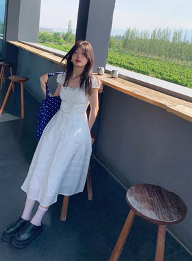 一三良品小个子 茉莉花香～v领收腰短袖白色刺绣蕾丝连衣裙长裙子