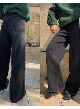 一三良品小个子 复古显瘦灰黑色加厚加绒牛仔裤长裤拖地裤女冬