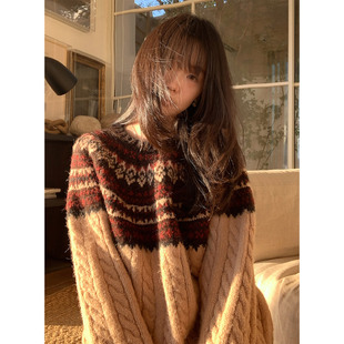 一三良品小个子 复古宽松费尔岛提花毛衣女冬麻花慵懒风针织衫