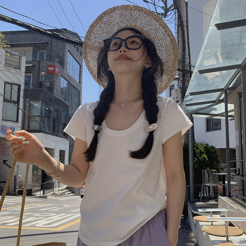 一三良品小个子【锁骨t】舒适白色大u领百搭显瘦短袖T恤女上衣夏