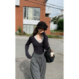 一三良品小个子 修身显瘦拼色假两件v领挂脖针织衫上衣女打底毛衣