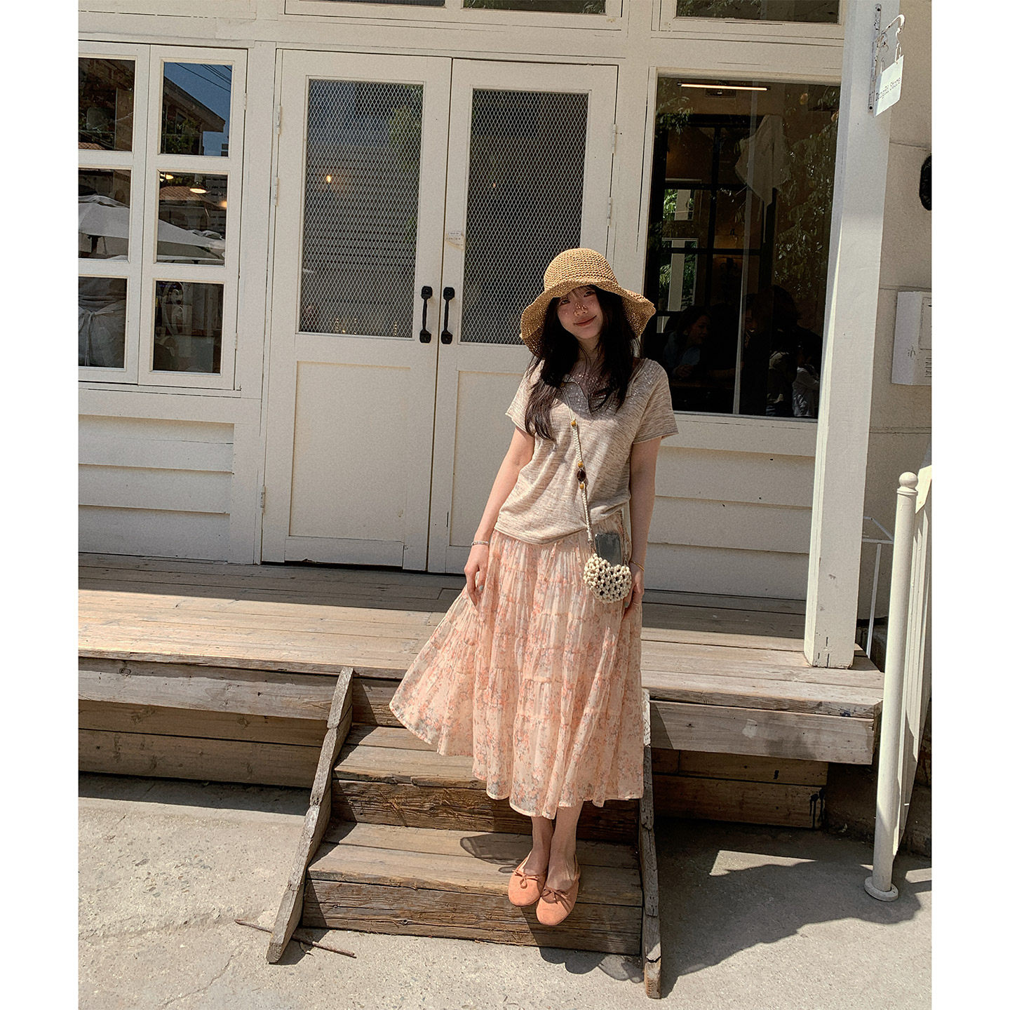 一三良品小个子  复古通勤气质温柔显瘦v领亚麻短袖针织衫T恤上衣