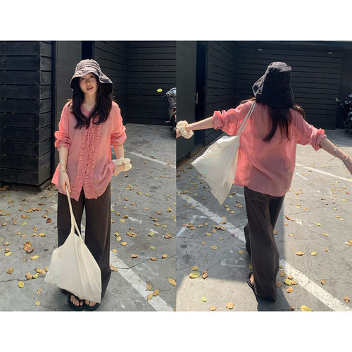 小个子木耳边长袖防晒衬衫衬衣女