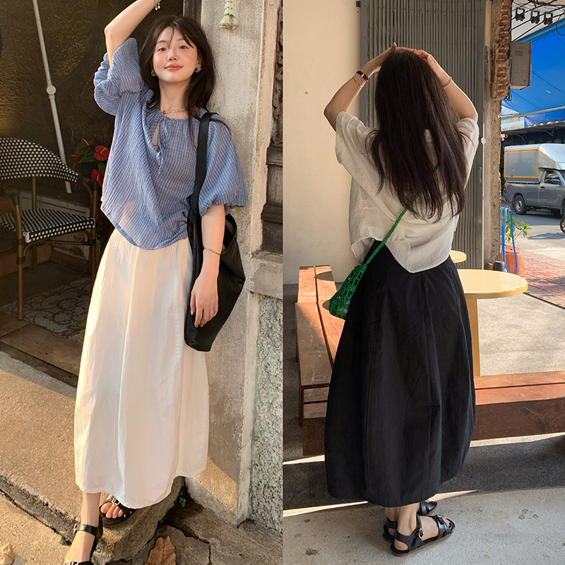 一三良品小个子 日系花苞裙白色黑色棉质宽松半身裙长裙子女春夏