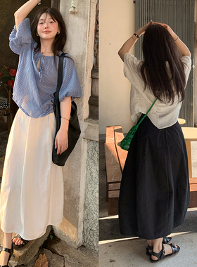 一三良品小个子 日系花苞裙白色黑色棉质宽松半身裙长裙子女春夏