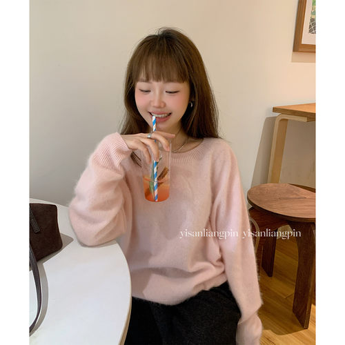 无缝一体机圆领套头羊毛毛衣女冬