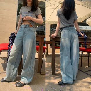 一三良品小个子 复古做旧浅蓝休闲弯刀工装牛仔裤阔腿长裤子女夏