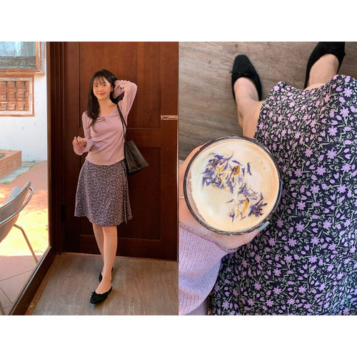 优雅一片式系带紫色碎花半身裙女