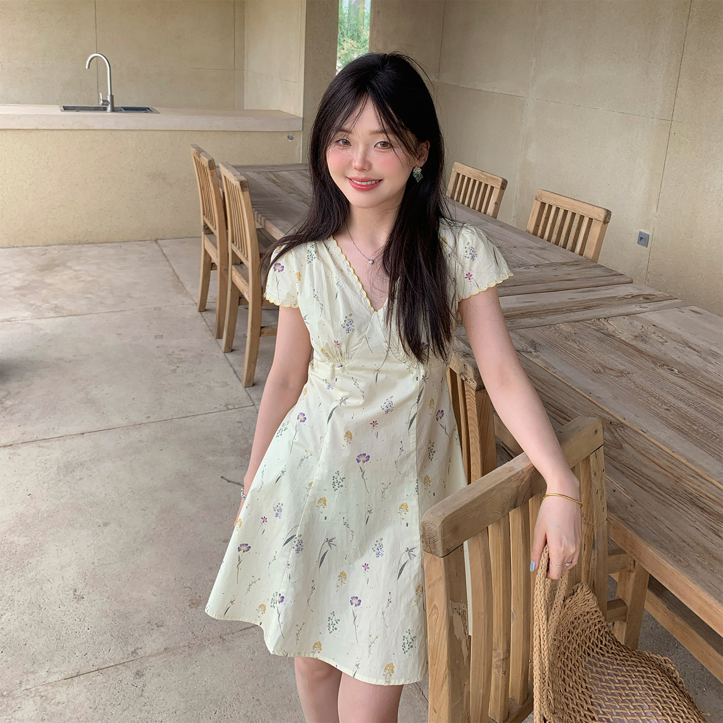 一三良品小个子 全棉印花v领短袖收腰连衣裙短裙a字裙短裙子女夏