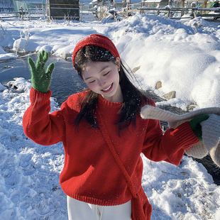 一三良品小个子 新年红全羊纯色毛圆领毛衣围脖两件套短款女冬季