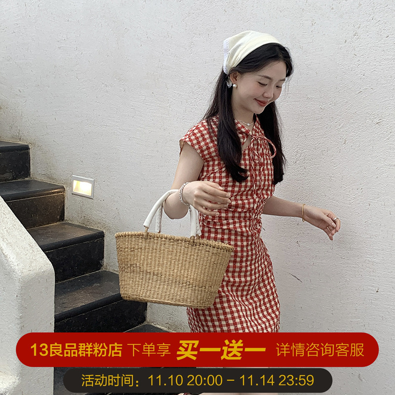 新中式复古改良旗袍格子连衣裙夏