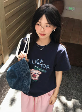 深蓝色休闲宽松印花短袖T恤女