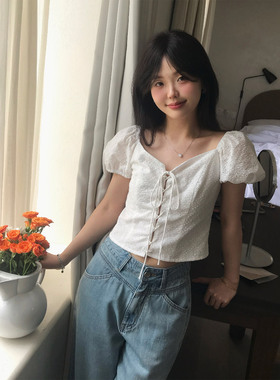 一三良品小个子 巨显比例韩版修身高腰白色衬衫上衣短袖女夏薄