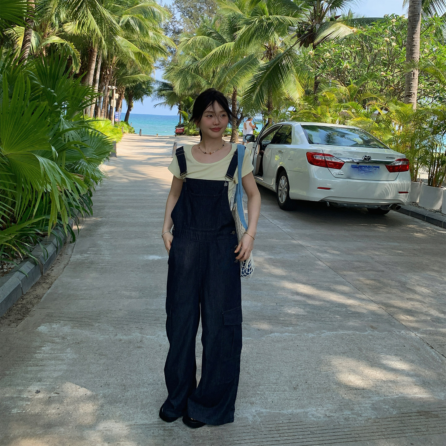 一三良品小个子 休闲减龄工装牛仔背带裤直筒阔腿裤女夏宽松裤子