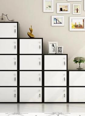 黄色粉色蓝色自由组合格子书架落地书柜带门矮收纳储物简约置物柜