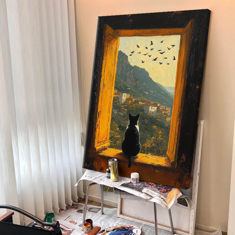 窗台的猫复古客厅风景装饰画纯手绘油画美式玄关挂画现代简约壁画