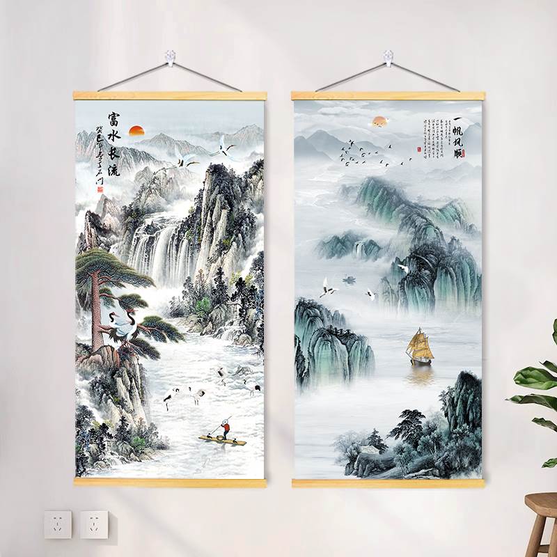 山水画客厅挂画装饰画卧室玄关背景墙画免打孔名家国风青山壁画布