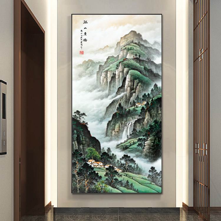 流水生财山水风景画靠山图旺财风油画
