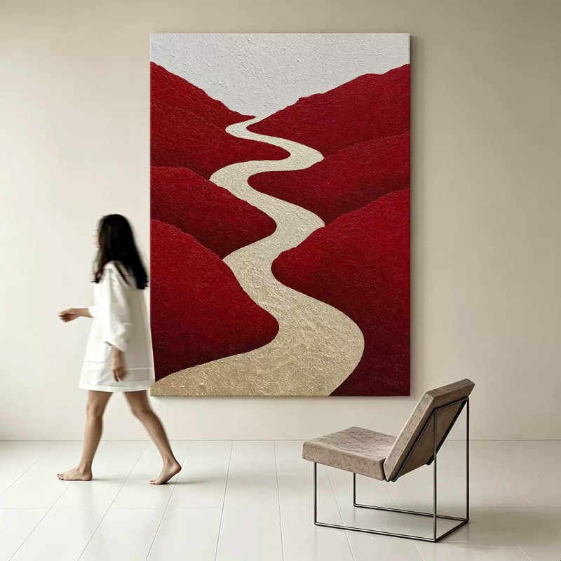 红山间现代简约红色山水装饰画
