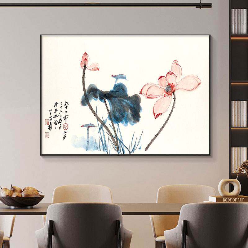 中式张大千荷花图餐厅挂画客厅茶室兰花装饰画水墨国画餐桌画