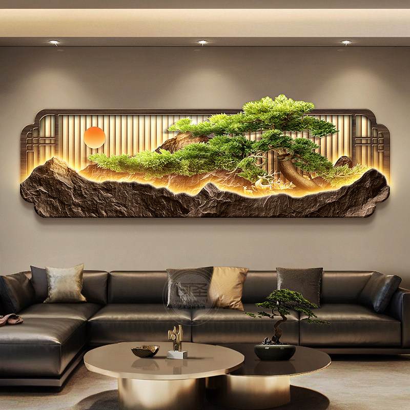 新中式客厅装饰画背有靠山电视沙发背景墙挂画高级感迎客松壁饰画