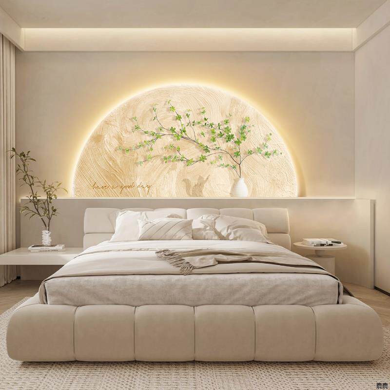 小清新奶油风客厅装饰画北欧绿植沙发背景墙半圆壁灯卧室床头挂画