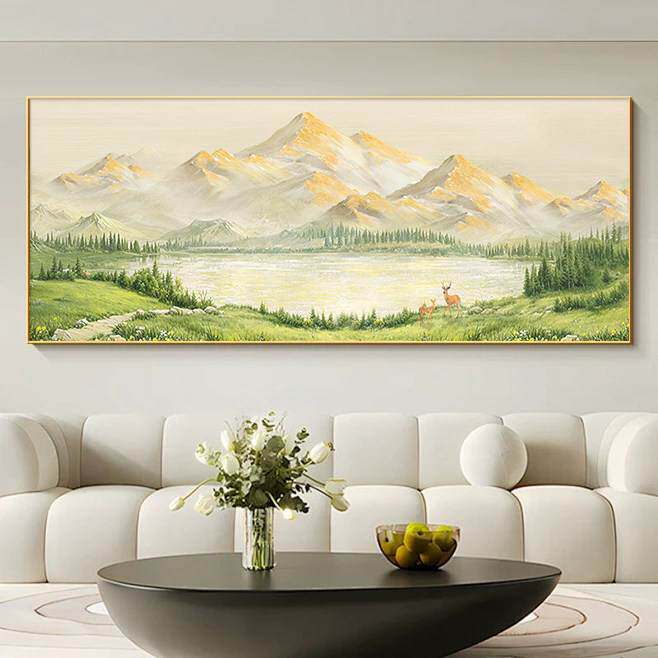 新中式高级感日照金山聚宝盆壁画客厅装饰画沙发背景墙简约挂画