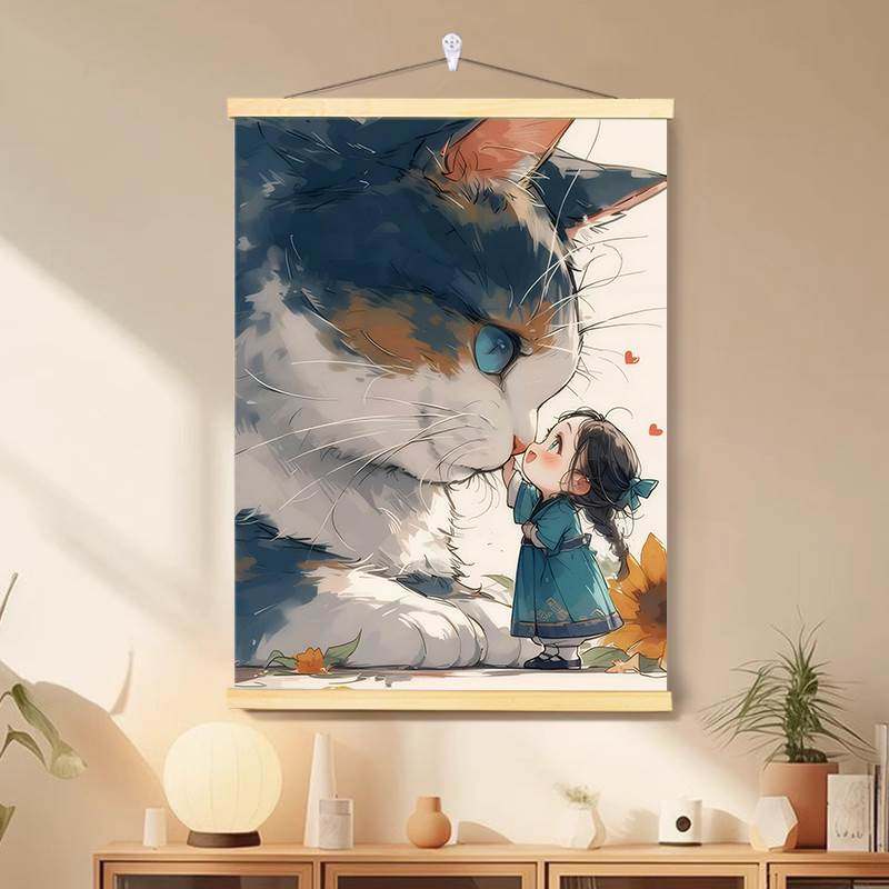女孩与猫咪可爱温馨装饰画客厅卧室墙面卡通动物挂画布置海报贴纸