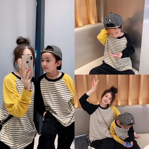 亲子装母女母子纯棉条纹长袖T恤