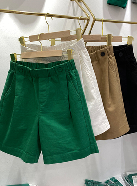 大码胖妹妹mm休闲短裤女夏季2025绿色百搭阔腿裤松紧腰五分中裤子