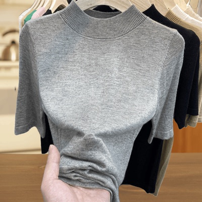 大码春秋半高领针织衫中袖女t恤洋气高级感打底内搭显瘦上衣薄款