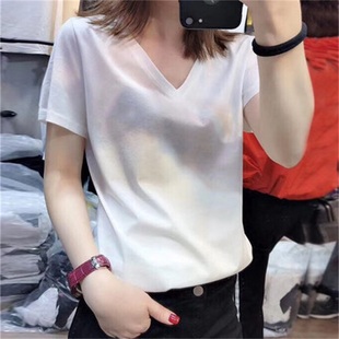 宽松t恤女显瘦V领短袖 大码 纯棉打底衫 女装 体恤纯色上衣潮 胖mm夏装