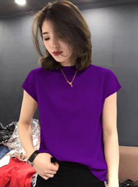 冰丝针织薄款打底衫女夏季2026新款体恤紫色短袖T恤上衣ins百搭潮