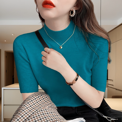 五分袖上衣女大码针织衫春秋季新款内搭薄款纯色半高领打底衫毛衣