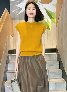 冰丝针织衫短袖女夏季半高圆领设计感小众上衣薄款黄色打底t恤衫
