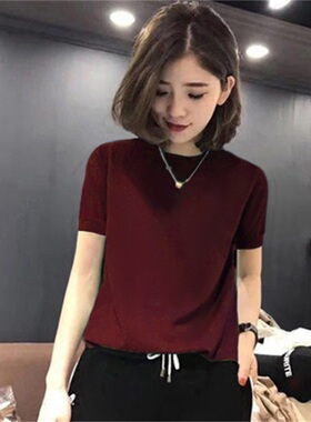欧洲站冰丝针织衫薄款夏季2026新款t恤女短袖宽松打底体恤上衣潮
