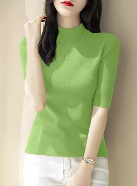 春秋薄款半高领针织打底衫女外贸女装五分袖修身洋气中袖内搭上衣