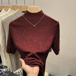 女装 五分袖 春秋冬季 针织衫 上衣打底毛衣 半高领中袖 羊绒肌理打底衫