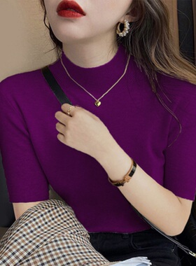 五分袖针织衫纯色毛衣女春秋冬季欧货上衣法式大码修身中袖打底