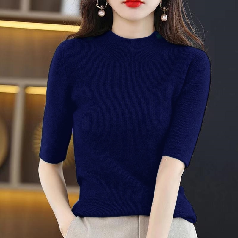 大码内搭毛衣春秋季女半高领五分袖针织衫套头显瘦上衣纯色打底衫