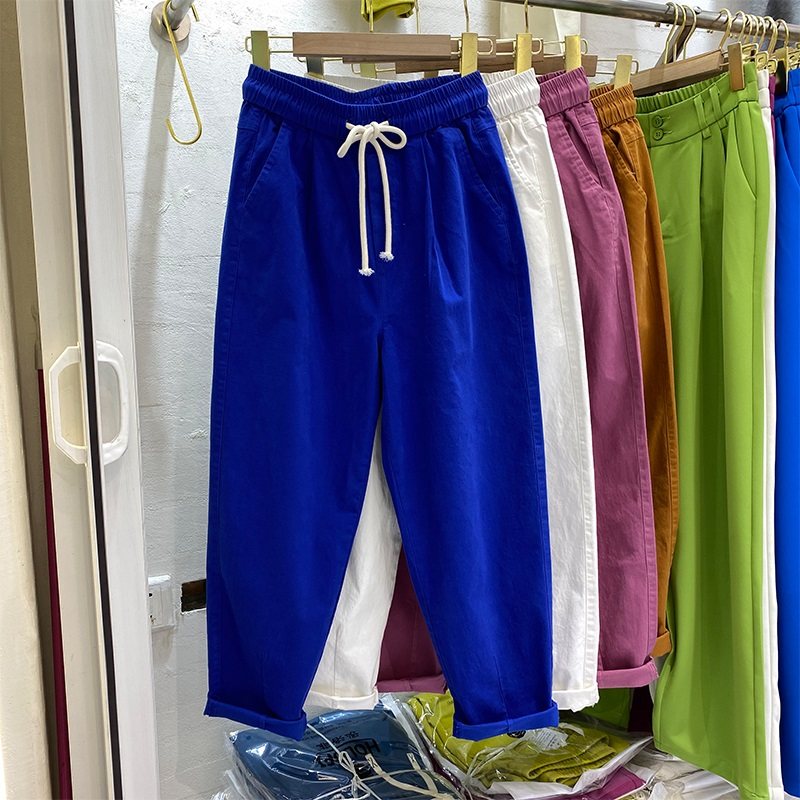 欧货纯棉彩色哈伦裤女装春夏季新款大码萝卜九分裤薄款休闲裤子潮